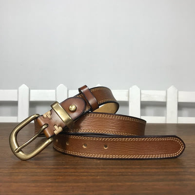 Women's Brass Buckle Double Stitching Narrow Leather Belt