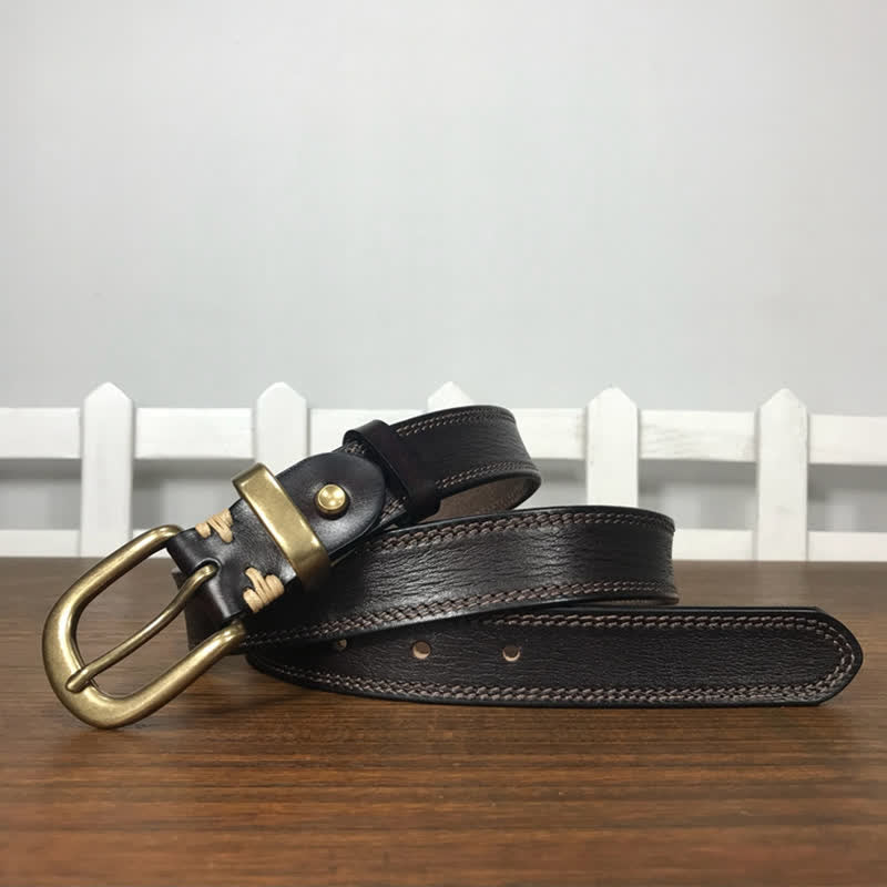 Women's Brass Buckle Double Stitching Narrow Leather Belt