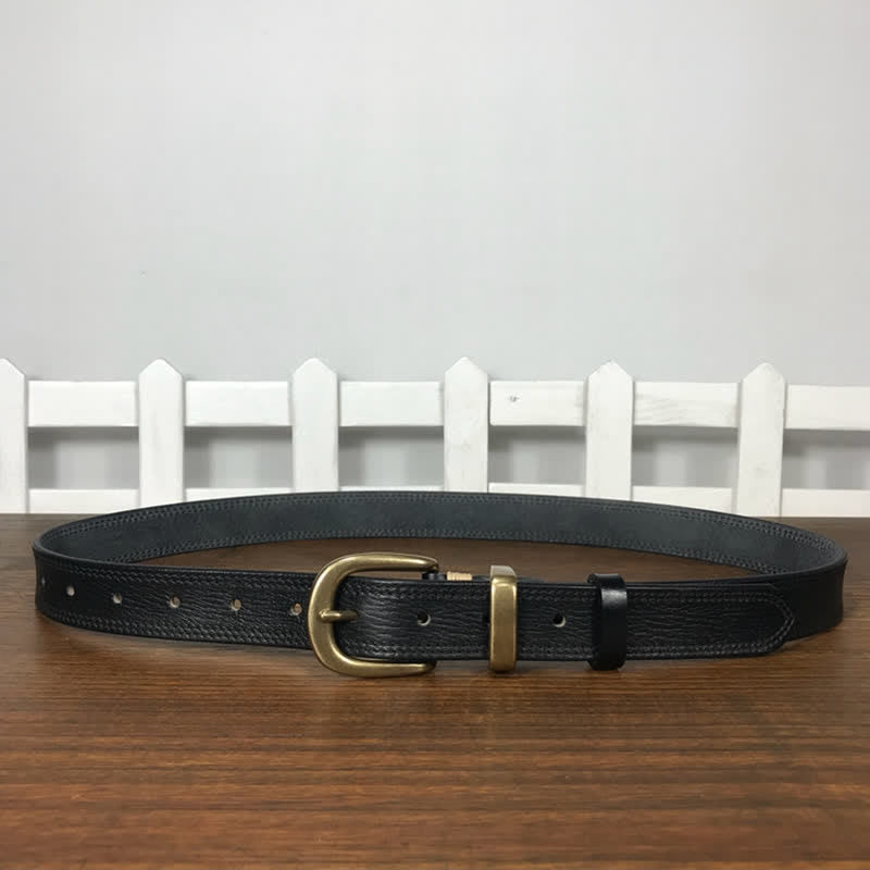 Women's Brass Buckle Double Stitching Narrow Leather Belt