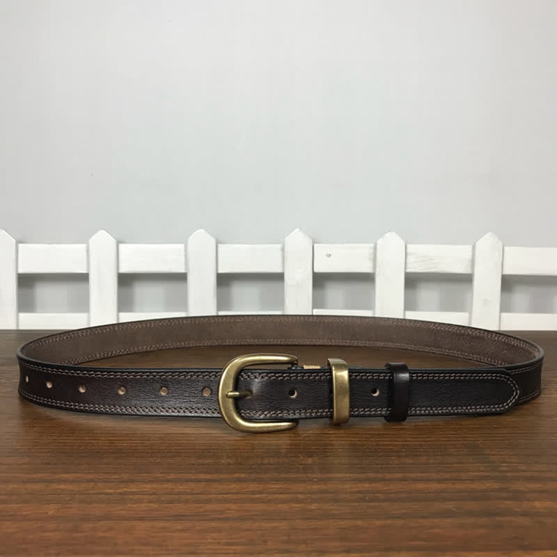 Women's Brass Buckle Double Stitching Narrow Leather Belt