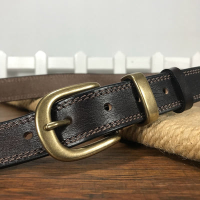 Women's Brass Buckle Double Stitching Narrow Leather Belt