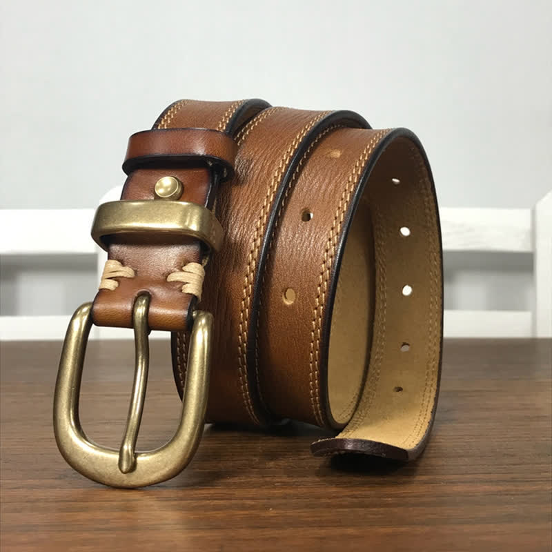 Women's Brass Buckle Double Stitching Narrow Leather Belt