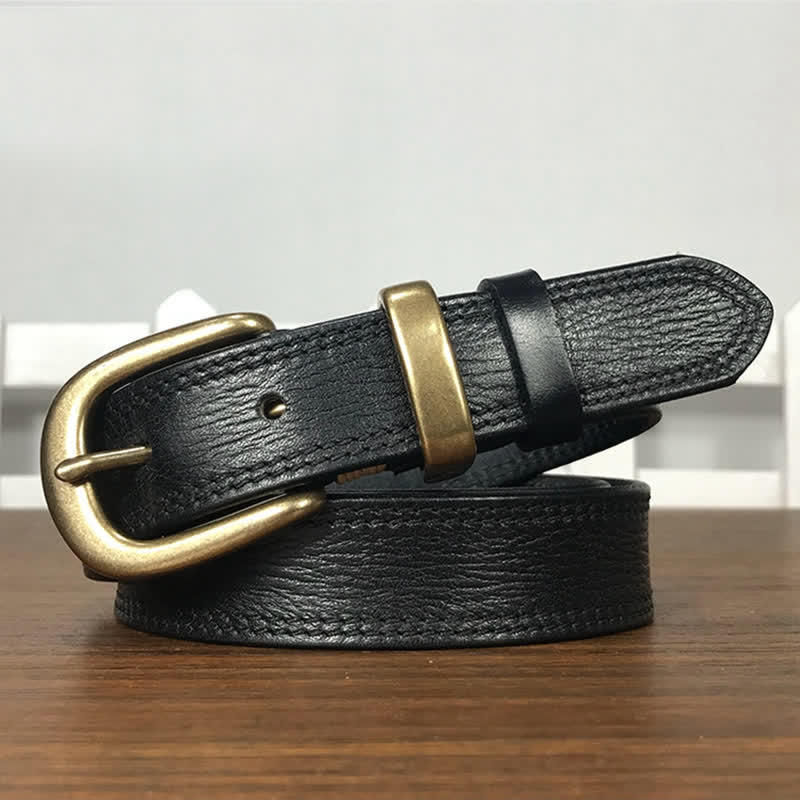 Women's Brass Buckle Double Stitching Narrow Leather Belt