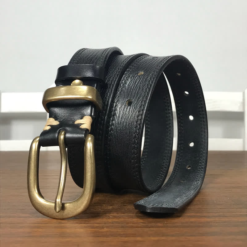 Women's Brass Buckle Double Stitching Narrow Leather Belt