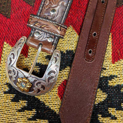 Western Brown & Yellow Carved Flower Buckle Leather Belt