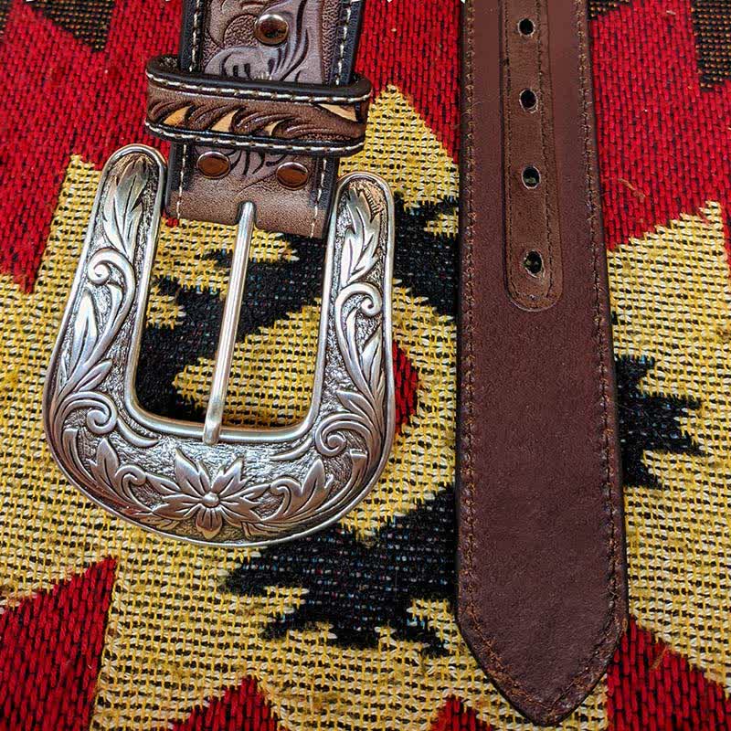 Western Brown & Yellow Carved Flower Buckle Leather Belt