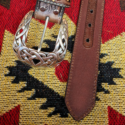 Western Brown & Yellow Carved Flower Buckle Leather Belt