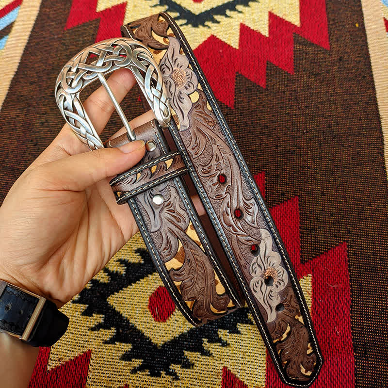 Western Brown & Yellow Carved Flower Buckle Leather Belt