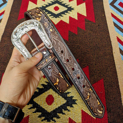 Western Brown & Yellow Carved Flower Buckle Leather Belt