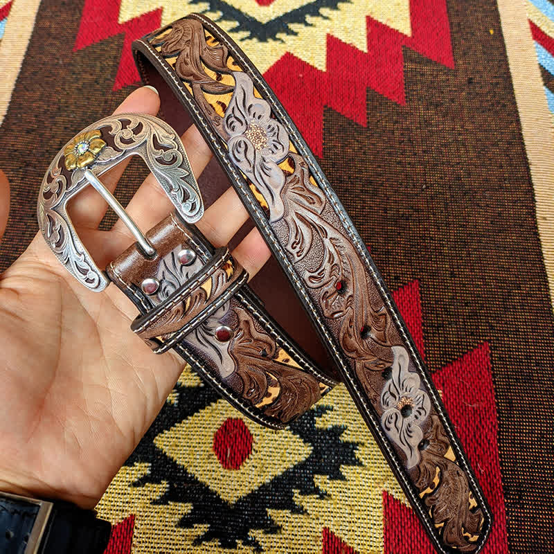 Western Brown & Yellow Carved Flower Buckle Leather Belt