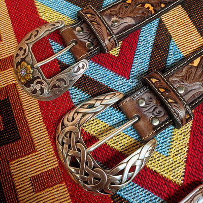 Western Brown & Yellow Carved Flower Buckle Leather Belt