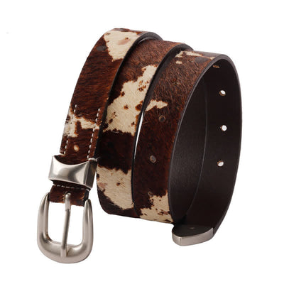 Faux Fur Cow Print Classic Silver Buckle Leather Belt