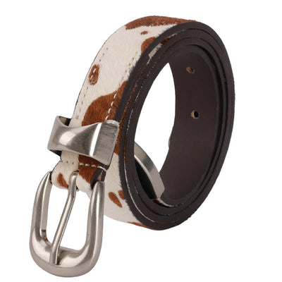 Faux Fur Cow Print Classic Silver Buckle Leather Belt