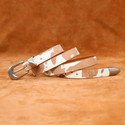 Faux Fur Cow Print Classic Silver Buckle Leather Belt