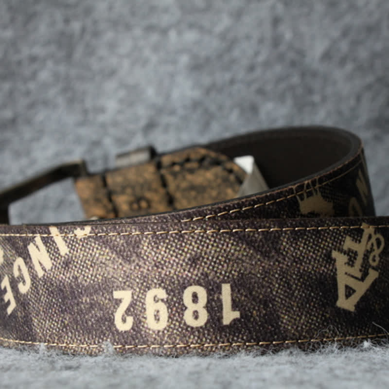 Coffee Brown Letter Printing Retro Style Leather Belt