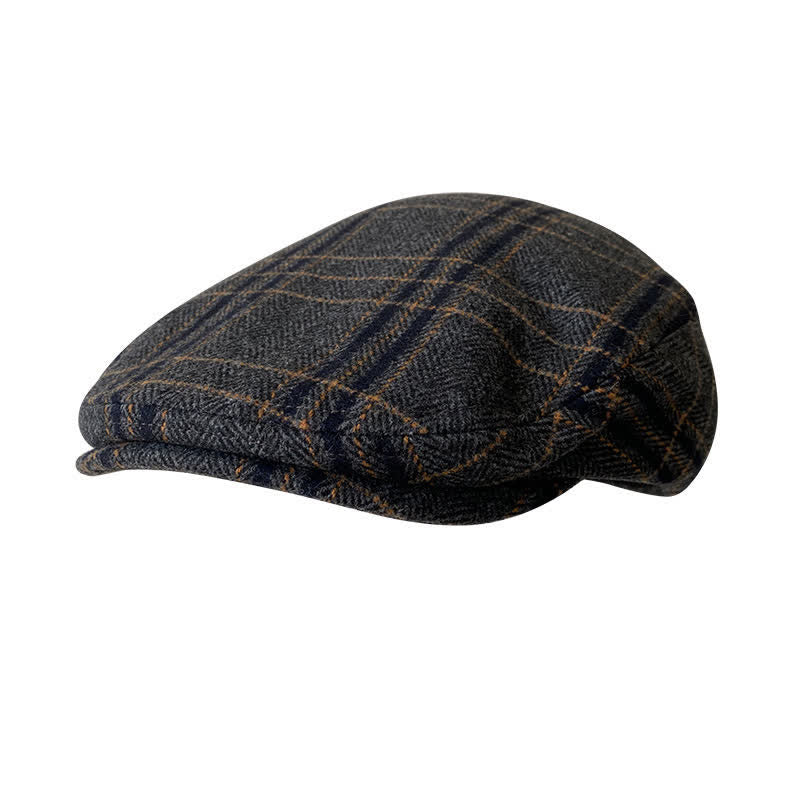 Dark Gray Yellow Plaid Classic Herringbone Gatsby Beret Hat