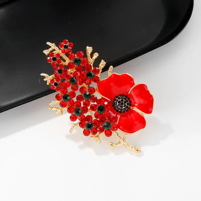 Women's Red Poppy Shiny Crystal Flower Brooch