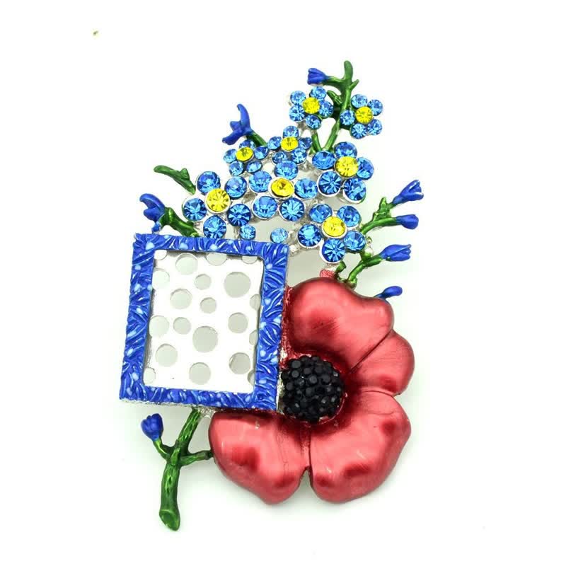 Poppy Rhinestone Flower Brooch with Picture Frame