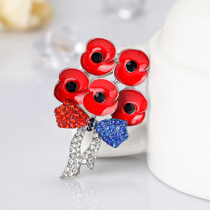 Five Red Poppies Bow Knot Rhinestone Flower Brooch