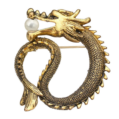 Men's Antique Tone Dragon Imitation Pearl Brooch