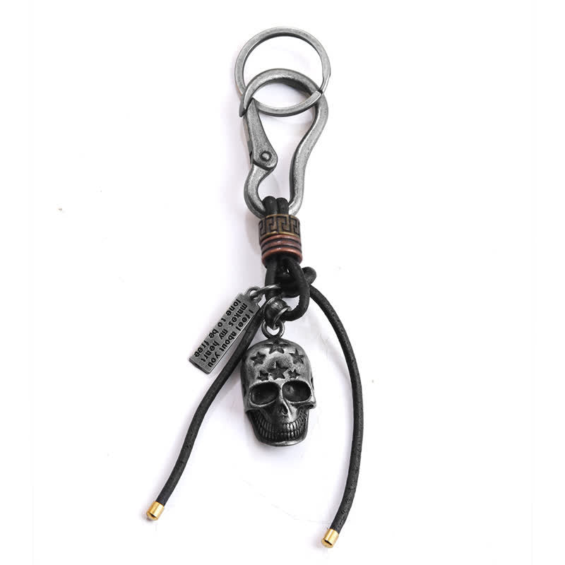 Gothic Skull Head Carved Star Black Leather Keychain