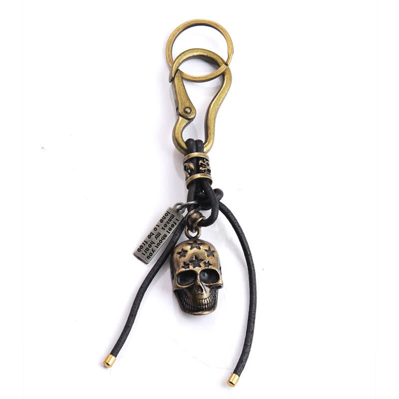 Gothic Skull Head Carved Star Black Leather Keychain