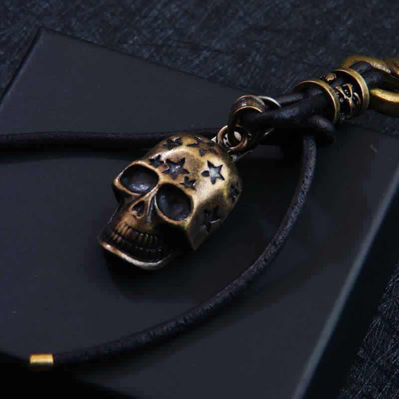 Gothic Skull Head Carved Star Black Leather Keychain