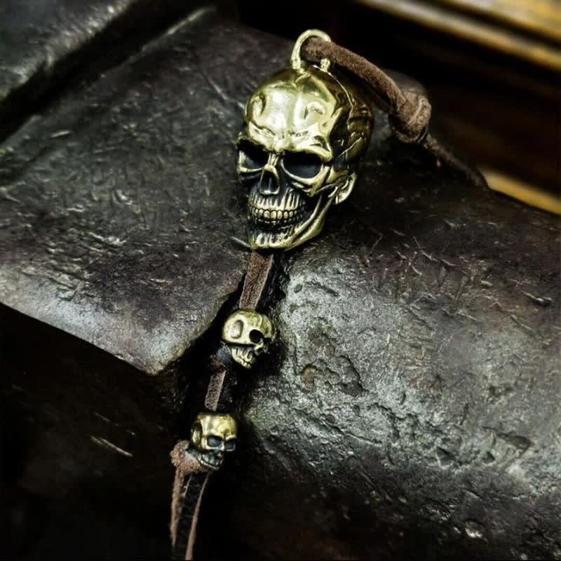 Motorcycle Accessory Brass Skull Head Leather Keychain