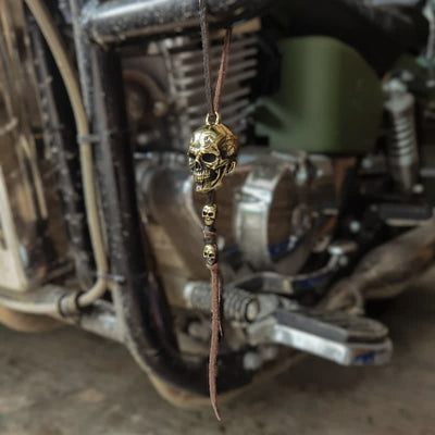 Motorcycle Accessory Brass Skull Head Leather Keychain