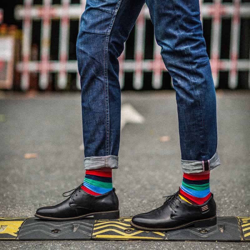 Men's Colorful Rainbow Striped Cotton Crew Socks