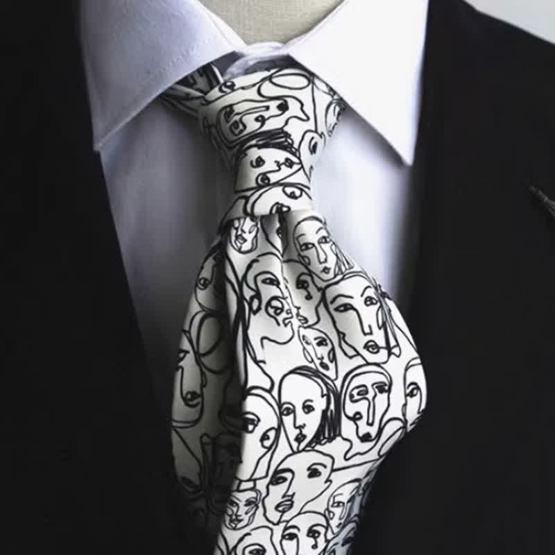 Men's Ivory & Black Abstract Faces Printed Necktie