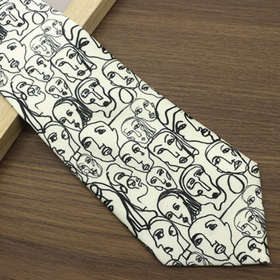 Men's Ivory & Black Abstract Faces Printed Necktie