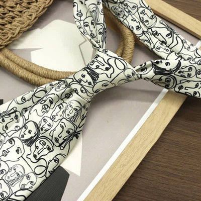 Men's Ivory & Black Abstract Faces Printed Necktie