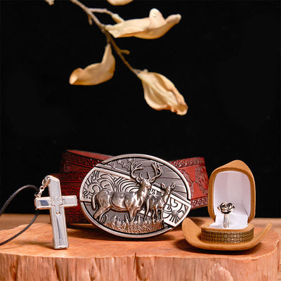 Creative DIY Deer Hidden Knife Belt Buckle Cross Necklace Rose Ring Bundle Set