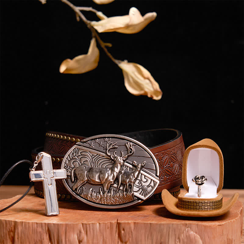 Creative DIY Deer Hidden Knife Belt Buckle Cross Necklace Rose Ring Bundle Set