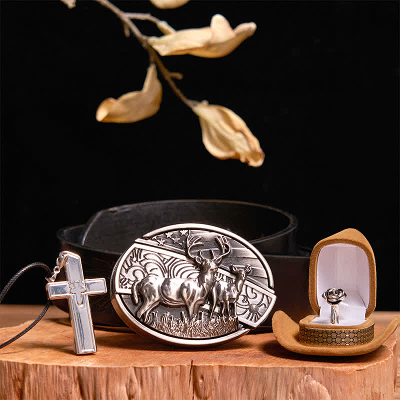 Creative DIY Deer Hidden Knife Belt Buckle Cross Necklace Rose Ring Bundle Set