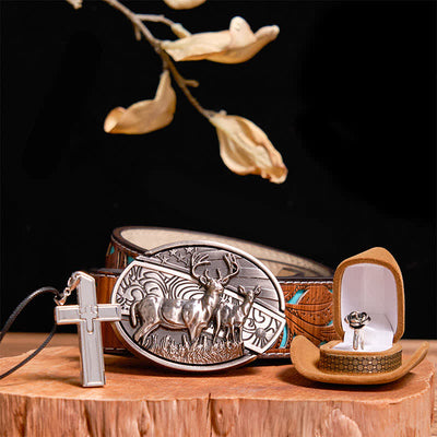 Creative DIY Deer Hidden Knife Belt Buckle Cross Necklace Rose Ring Bundle Set