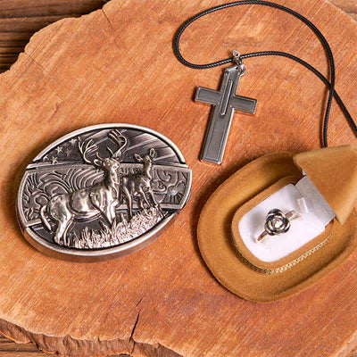 Creative DIY Deer Hidden Knife Belt Buckle Cross Necklace Rose Ring Bundle Set