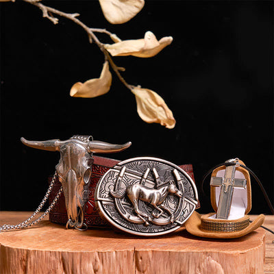 DIY Galloping Horse Hidden Knife Belt Buckle Bull Pendant Cross Necklace Bundle Set