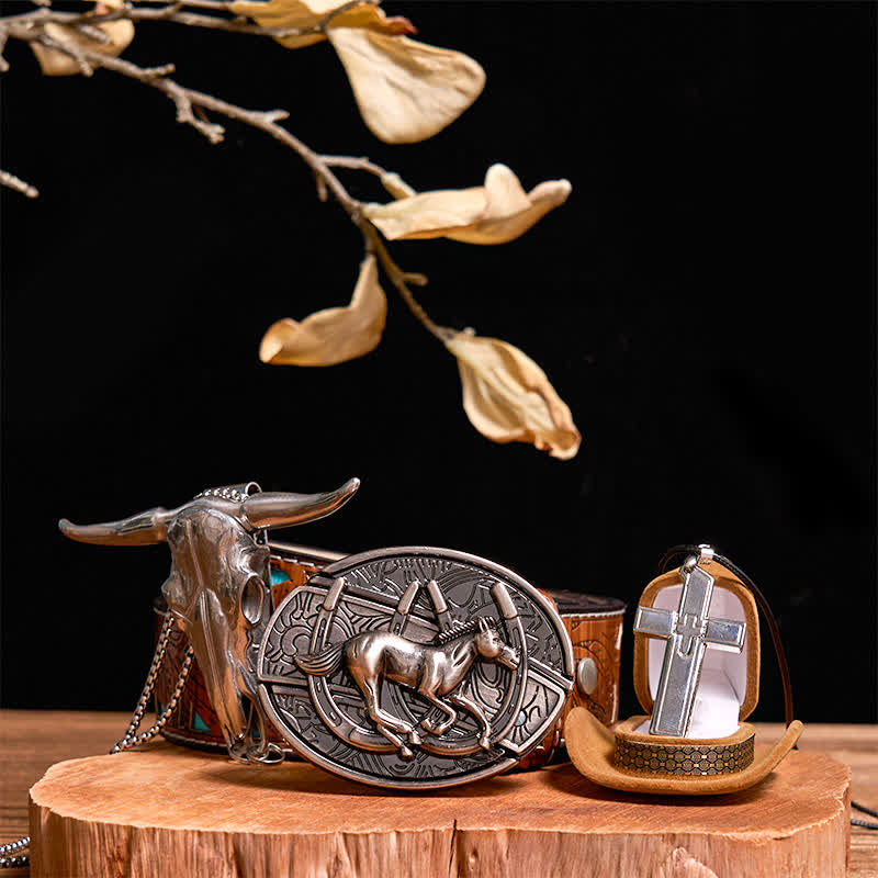 DIY Galloping Horse Hidden Knife Belt Buckle Bull Pendant Cross Necklace Bundle Set