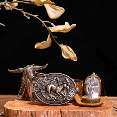 DIY Galloping Horse Hidden Knife Belt Buckle Bull Pendant Cross Necklace Bundle Set