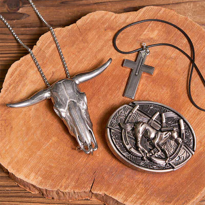 DIY Galloping Horse Hidden Knife Belt Buckle Bull Pendant Cross Necklace Bundle Set