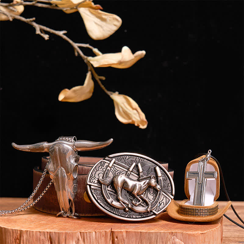 DIY Galloping Horse Hidden Knife Belt Buckle Bull Pendant Cross Necklace Bundle Set