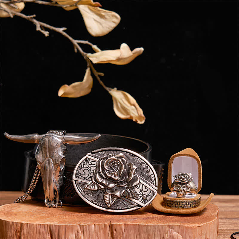 DIY Rose Hidden Knife Belt Buckle Bull Pendant Skull & Rose Ring Bundle Set