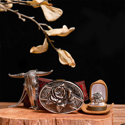 DIY Rose Hidden Knife Belt Buckle Bull Pendant Skull & Rose Ring Bundle Set