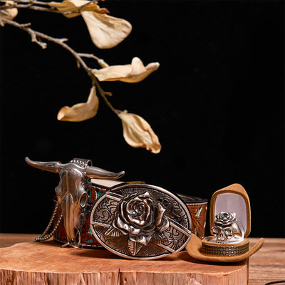 DIY Rose Hidden Knife Belt Buckle Bull Pendant Skull & Rose Ring Bundle Set