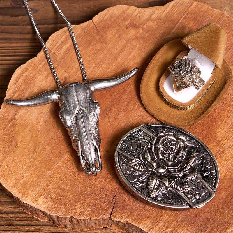 DIY Rose Hidden Knife Belt Buckle Bull Pendant Skull & Rose Ring Bundle Set