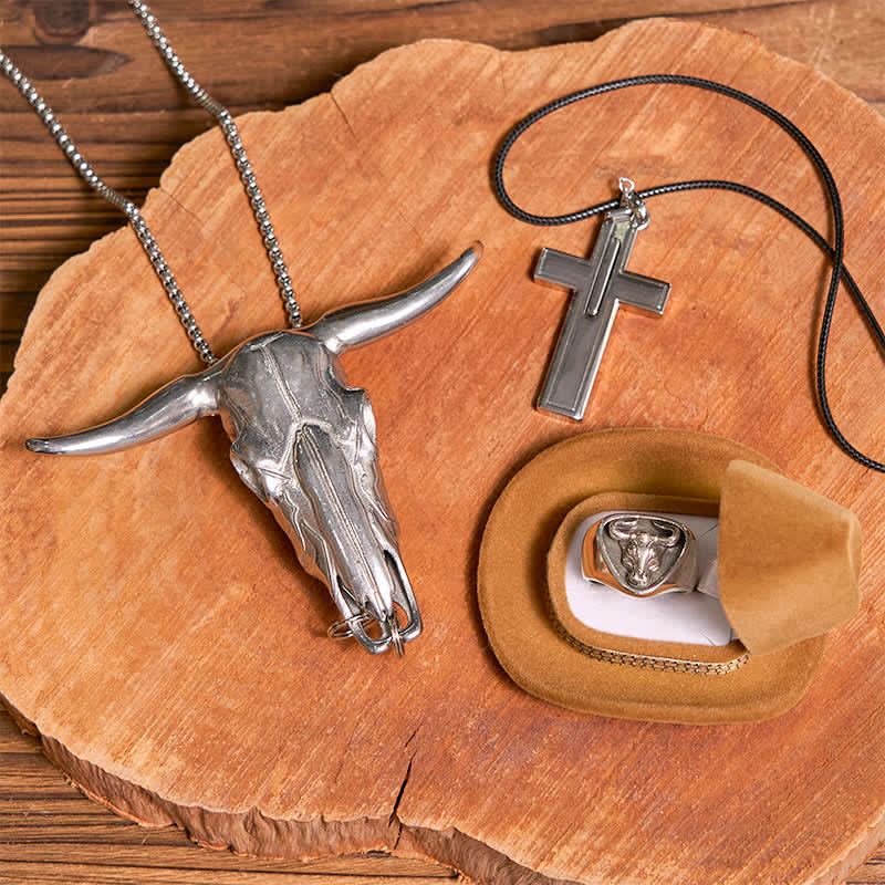 DIY Longhorn Bull Pendant Cross Hidden Knife Pendant Bull Ring Bundle Set