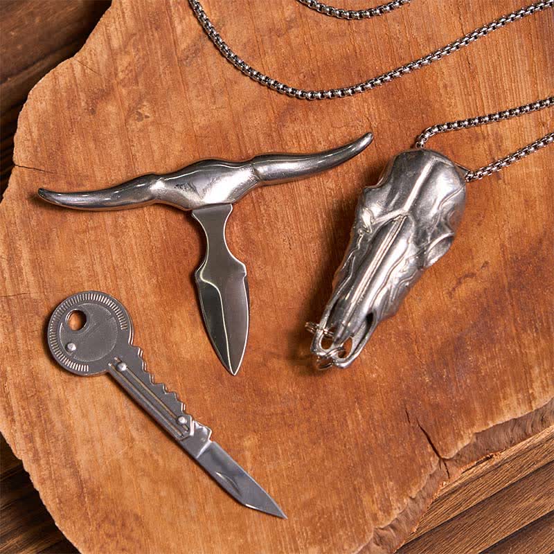 DIY Longhorn Bull Pendant Hidden Knife Key-Shaped Keychain Bundle Set