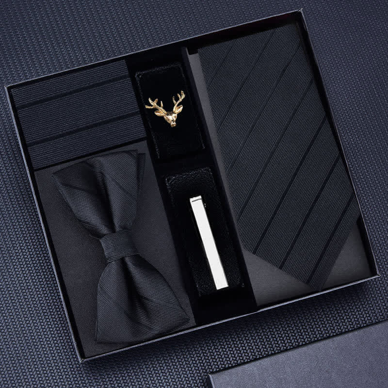 5Pcs Men's Striped Necktie Deer Brooch Bow Ties Gift Box